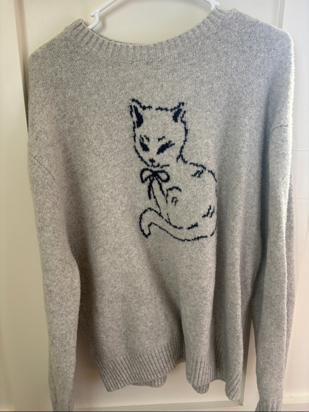 Hollister Light Gray Crewneck Sweater with Navy Cat Motif
